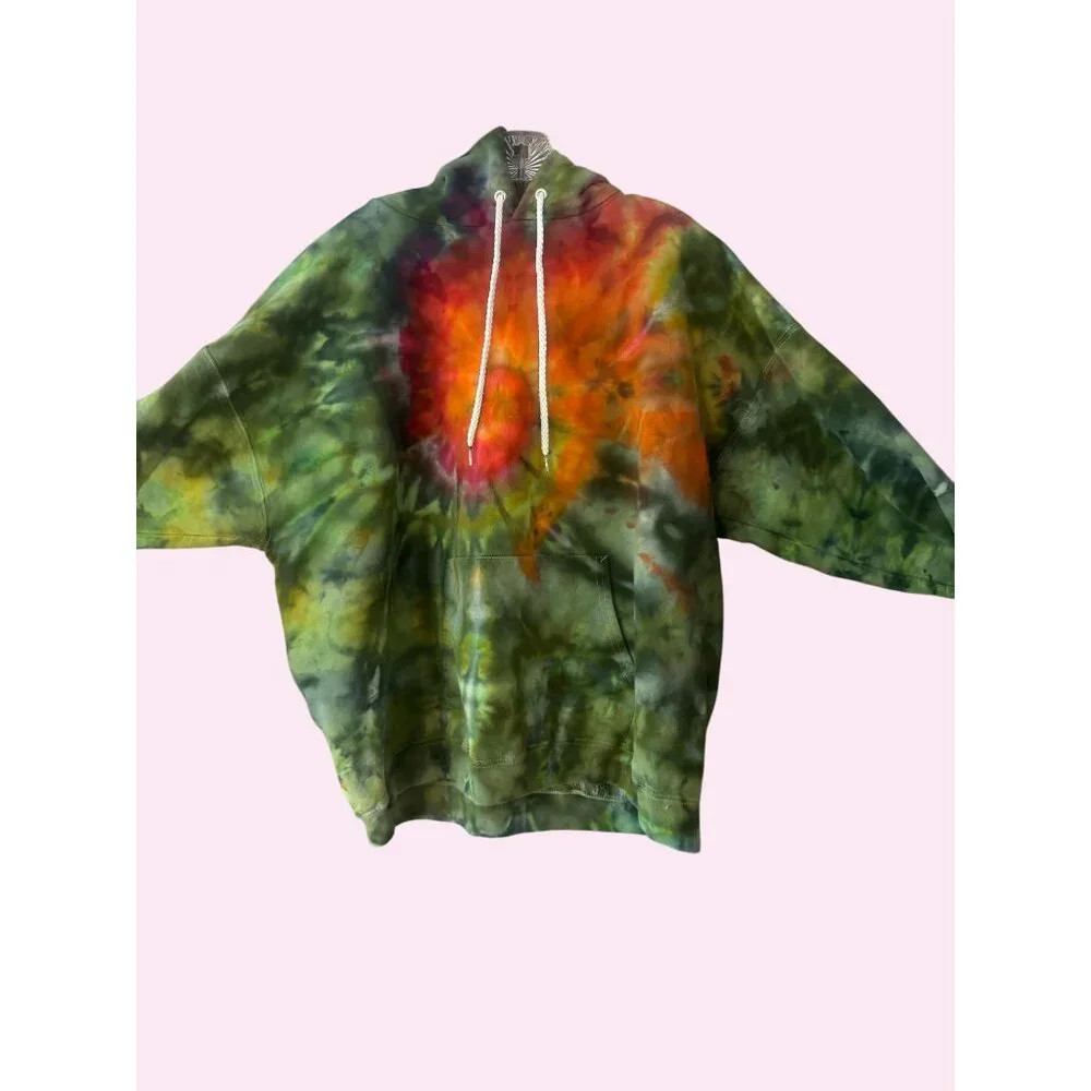 Vintage Hanes Tie-Dye Hooded Sweatshirt XG Ultimate Cotton Blend Green & Orange - Picture 2 of 6